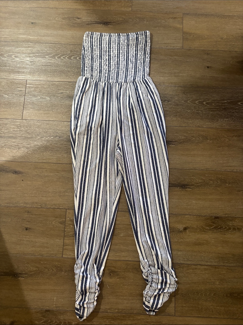 Derek Heart Navy and White Striped Smocked Jumpsuit